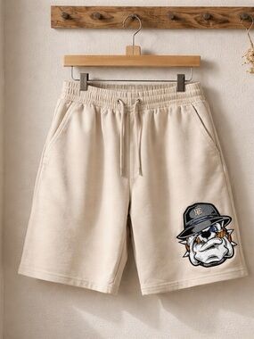 NWT LP Men's Cream Graphic Embroidered Bulldog Drawstring Shorts | Size XL